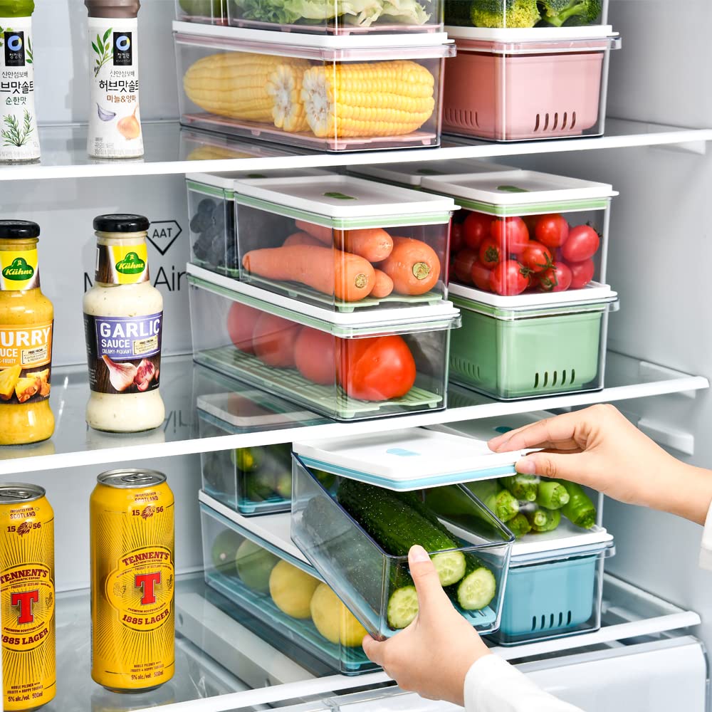 Stackable Refrigerator Organizer Bins with Removable Drain Tray - 6-Piece BPA-Free Food Storage Containers for Fruits, Vegetables & Pantry Organization - Perfect for Kitchen, Fridge & Cabinet Storage (Blue)