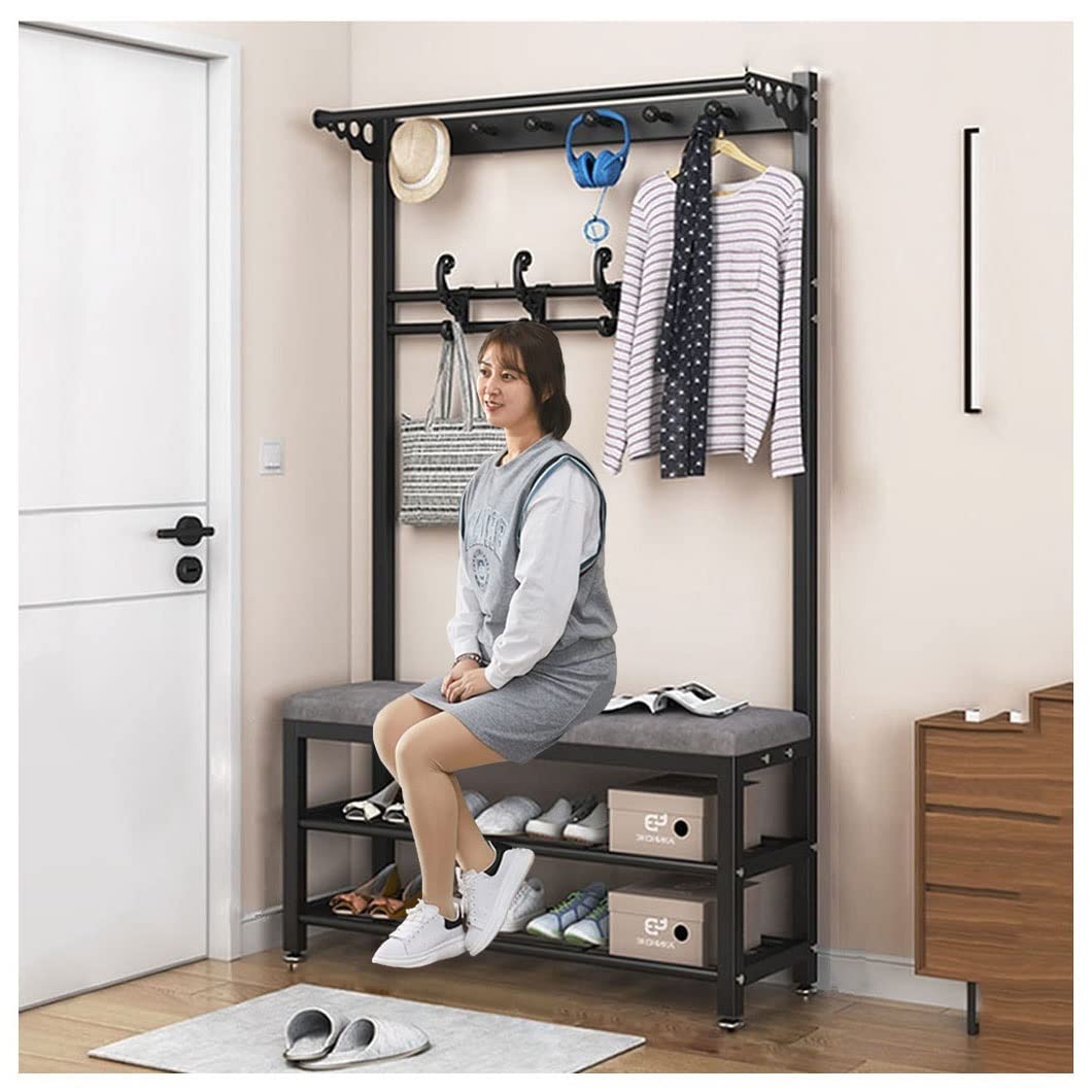 10-Hook Coat Rack with Shoe Bench - 3-Tier Shoe Storage Shelf & Hall Tree for Entryway, Bedroom, Living Room - Space-Saving Metal Frame (100x33x170cm, Black) - Perfect for Organizing Coats, Shoes & Accessories in Small Apartments & Homes