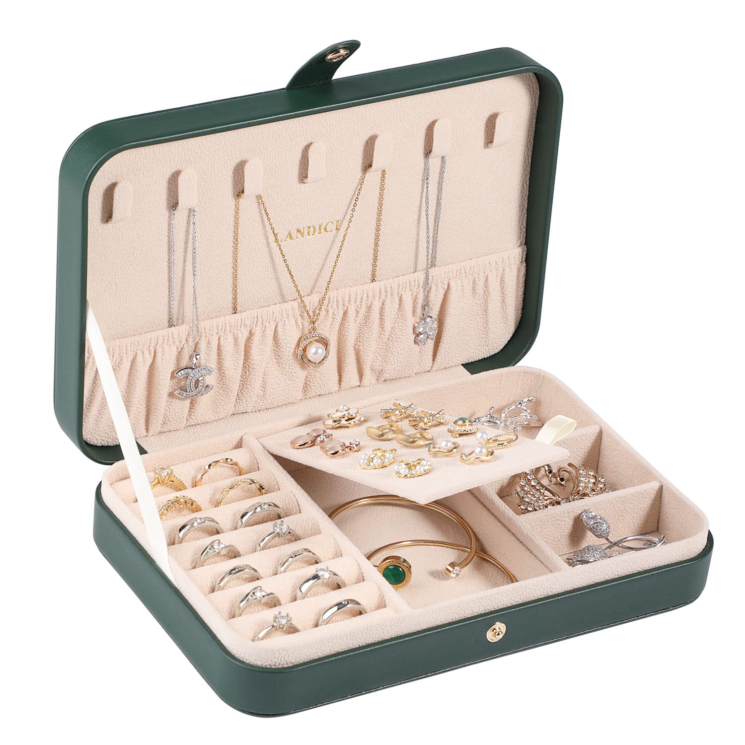 LANDICI Small Jewelry Box for Women & Girls - PU Leather Travel Jewelry Organizer Case with Storage Compartments for Rings, Earrings, Necklaces, Bracelets & Watches - Perfect Gift for Her, Birthday, Anniversary & Travel Accessories (Blackish Green)