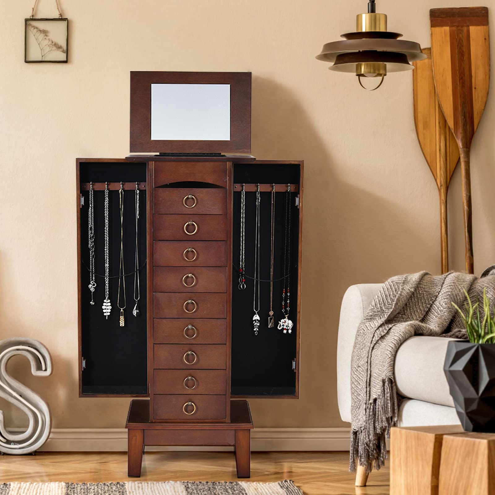 Wooden Jewelry Armoire Cabinet with Flip Top Mirror - 9 Drawers & 2 Side Doors for Necklaces, Bracelets, Earrings - Large Capacity Standing Jewelry Storage Organizer for Bedroom, Closet, or Dressing Room