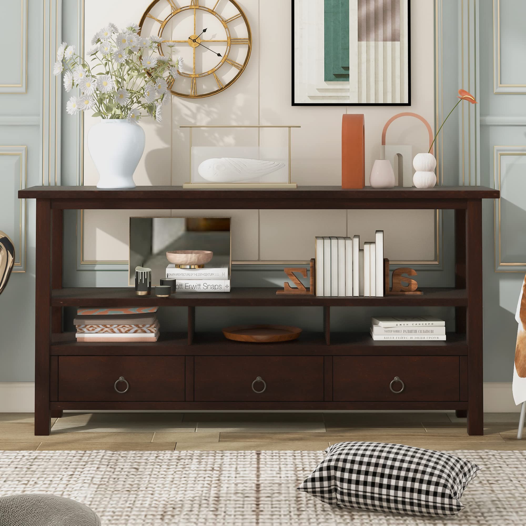 Rustic Solid Wood Console Table with Double-Tier Tabletop & 3 Drawers - Entryway, Living Room Furniture (Espresso Finish) - Perfect for Hallway Decor, Foyer Organization & Home Storage Solutions