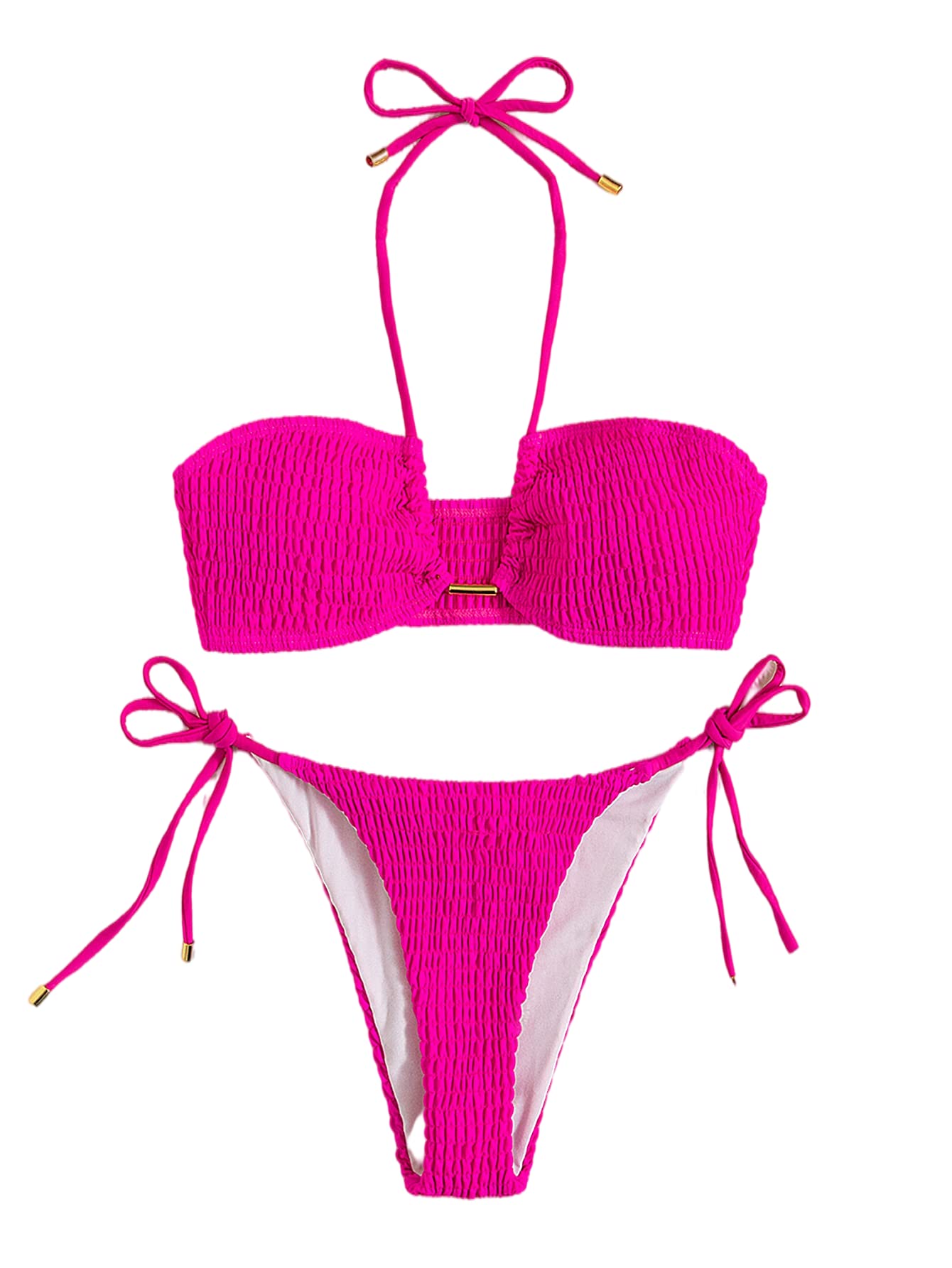 SheIn Women's Smocked Bikini Set - Bandeau Swimwear with Tie Sides for Beach & Pool