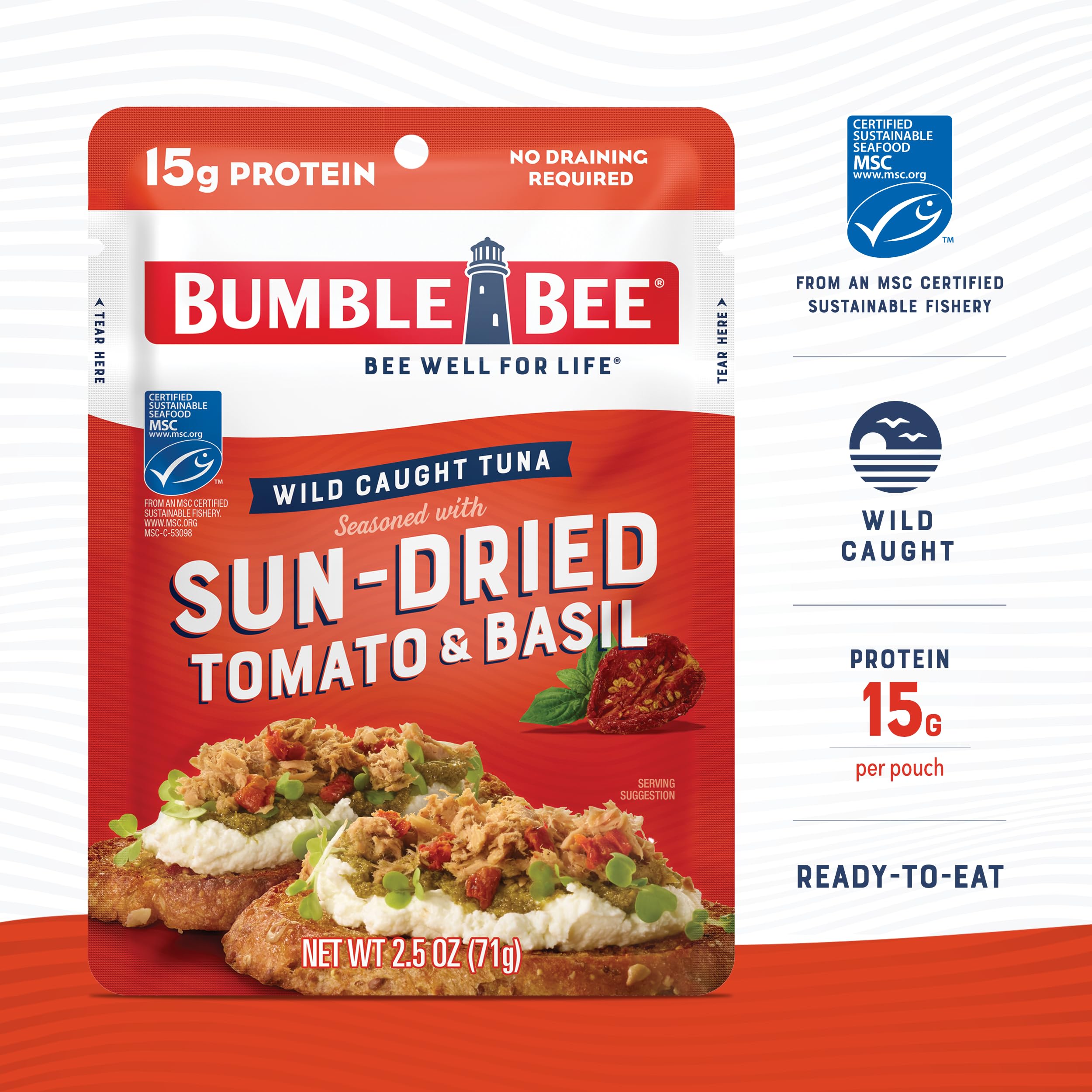 Bumble Bee Sun-Dried Tomato & Basil Seasoned Tuna Pouch, 2.5 oz - Wild Caught, Ready to Eat, High Protein (15g per Serving), Gluten Free - Perfect for Salads, Sandwiches, and On-the-Go Snacks