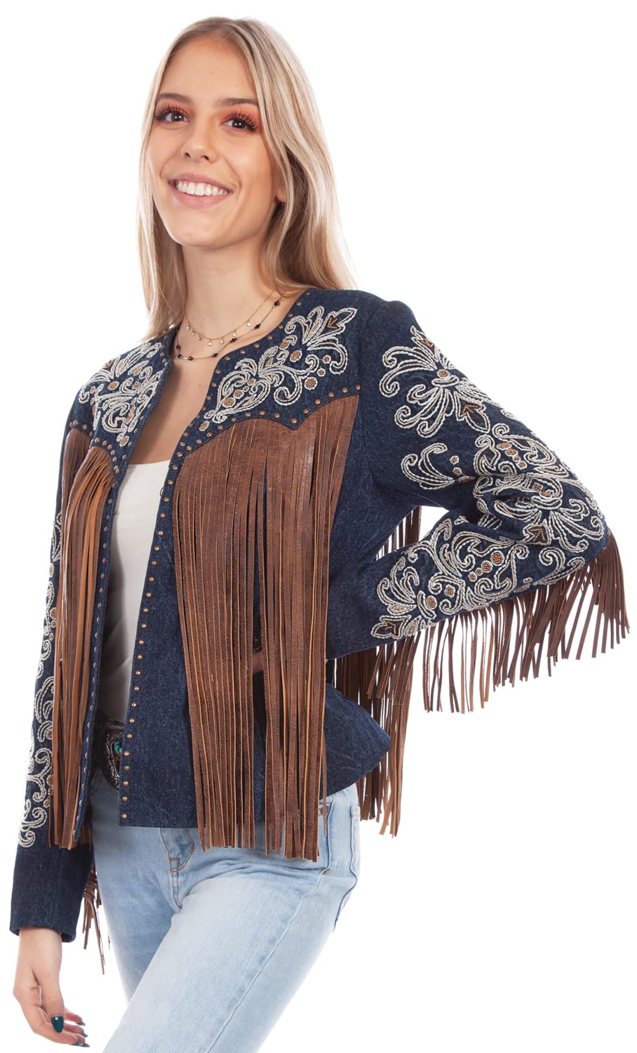 Scully Women's Denim Leather Beaded Fringe Jacket - Stylish Boho Western Coat for Casual Outings, Music Festivals & Vintage Fashion Lovers