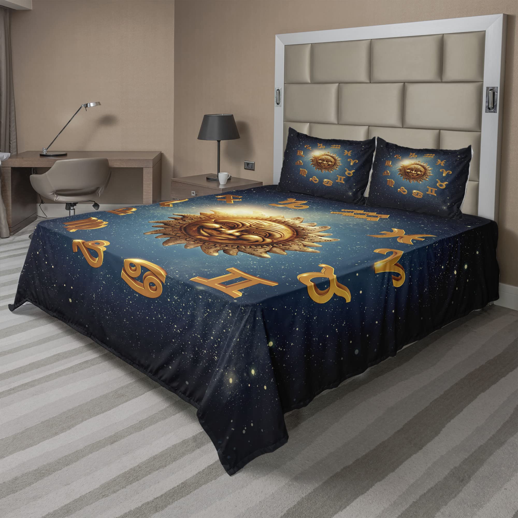 Ambesonne Astrology Bedding Set - King Size 4 Piece Sheet Set with Fitted Sheet, Flat Sheet & Pillowcases - Zodiac Signs, Moon & Sun in Space with Stardust Nebula Design - Dark Blue & Orange - Perfect for Astronomy Lovers' Bedrooms, Dorm Rooms or Themed Decor
