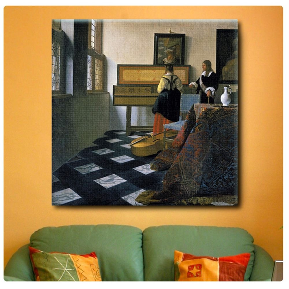 Johannes Vermeer 'The Music Lesson' Framed Canvas Wall Art - 32x32 Inch (81x81cm) Ready to Hang Gallery Wrapped Synthetic Painting - HD Reproduction for Living Room, Bedroom & Kitchen Decor