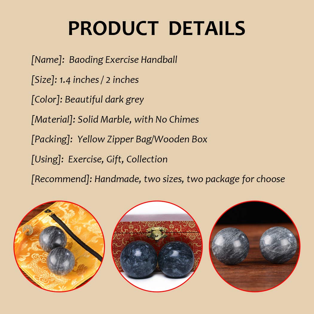 BRABUD 1.4 Inch Dark Grey Marble Chinese Baoding Balls - Hand Exercise Stress Relief Balls for Meditation, Therapy & Relaxation - Traditional Health Massage Balls (Set of 2, Bag-Packed) - Perfect for Office, Home & Travel Use