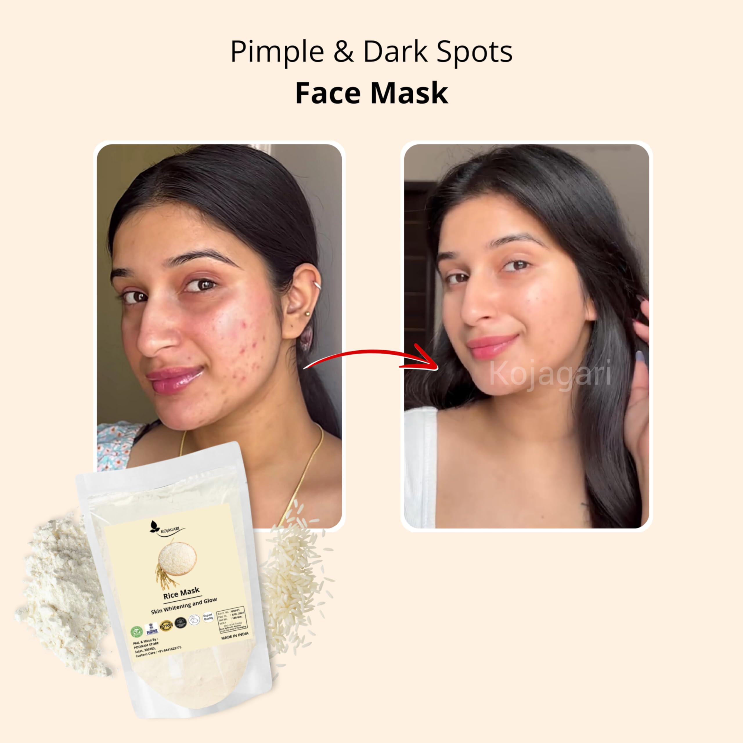Kojagari Rice Mask with Vitamin C - Brightening & Glowing Skin Treatment for Acne, Dark Spots & Tanning - 100g Rice Powder Face Mask for Daily Skincare & Night Routine