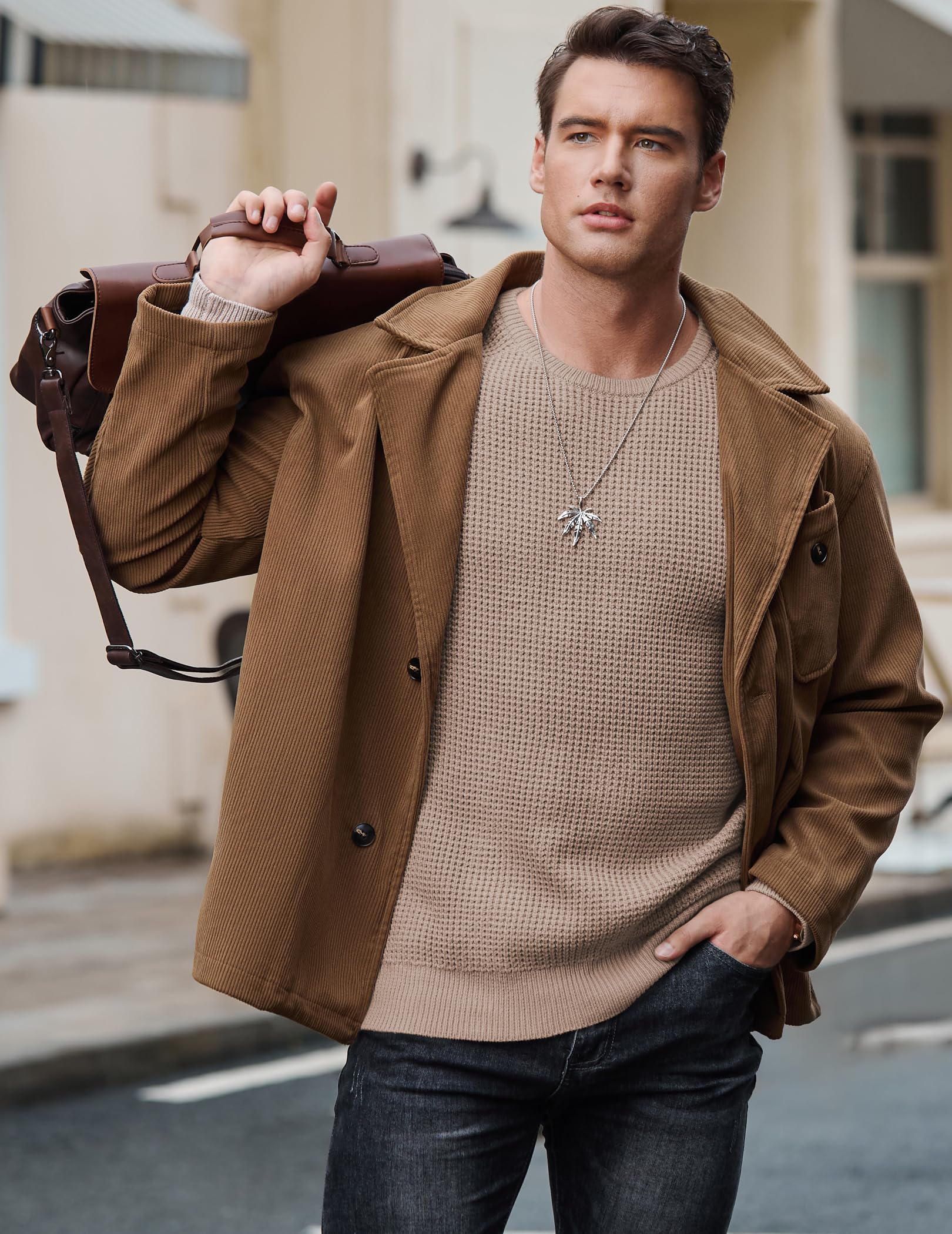 JMIERR Men's Waffle Knit Crewneck Sweater - Textured Pullover with Ribbed Edges | Casual Loose Fit Winter Sweater for Men | Perfect for Office, Date Night & Weekend Outings