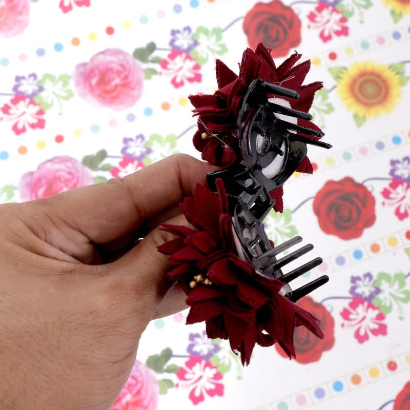 NAVMAV Hair Claw Clips for Women & Girls - Maroon Fabric Flower & Beads Hair Clutch - Stylish Hair Accessories for Ponytails, Buns & Updos (Pack of 1) - Perfect for Daily Wear, Parties & Special Occasions