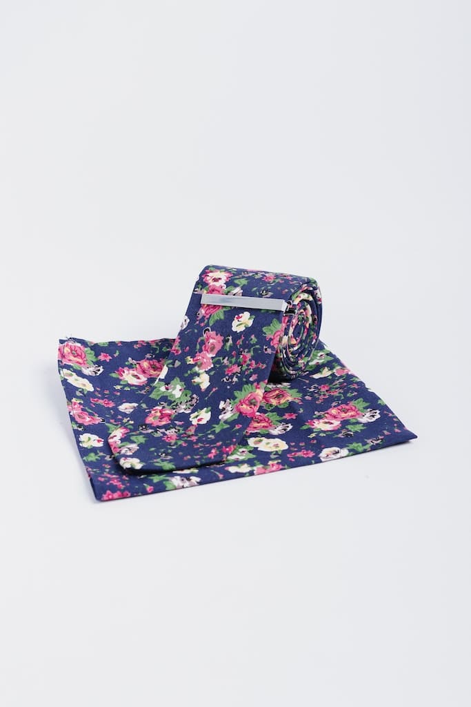 Cavani Navy Blue Floral Silk Tie Set for Men - Perfect for Weddings, Business Meetings & Formal Events