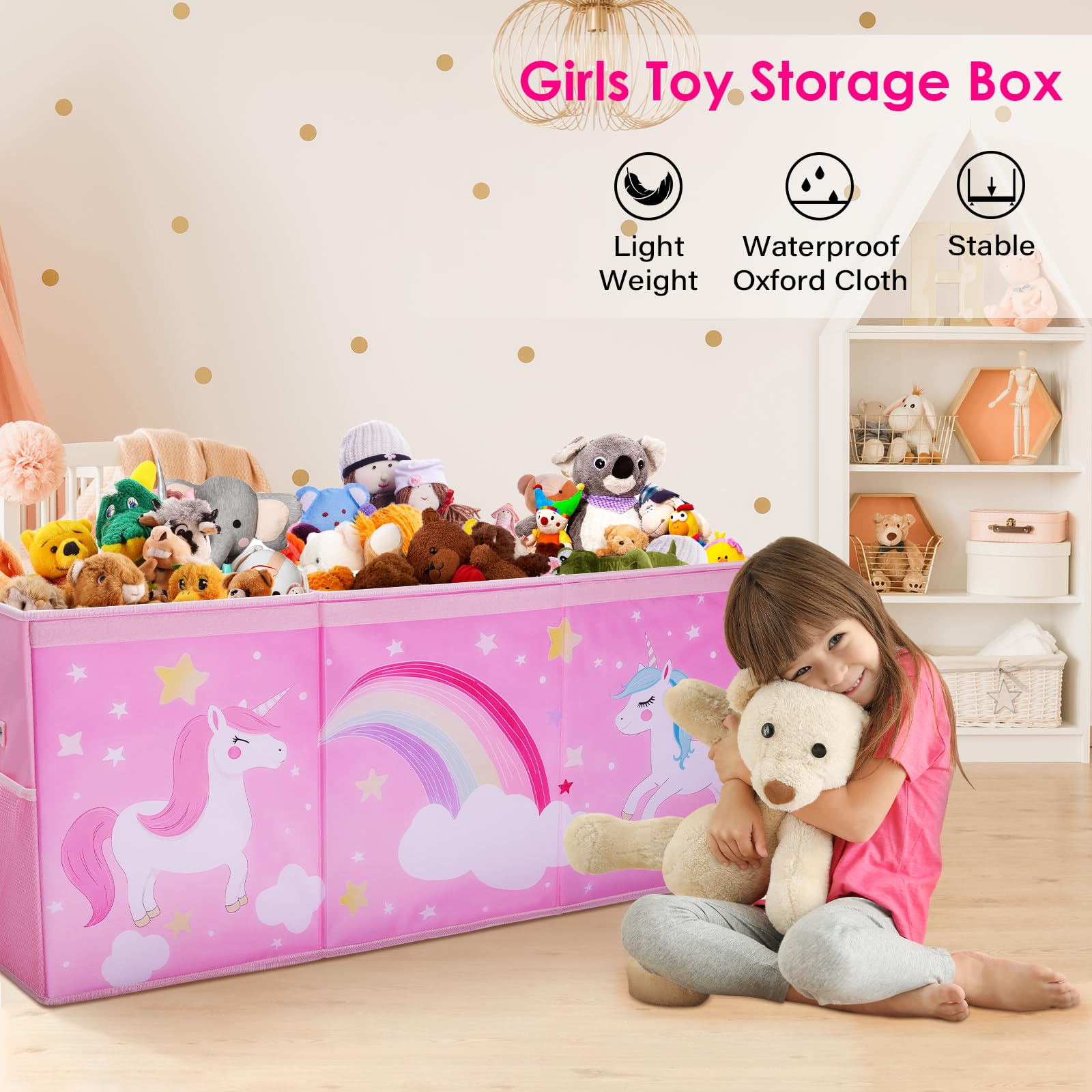 Extra Large Unicorn Toy Storage Box with Flip Lid - Collapsible Kids Toy Chest with Handles & Mesh Pockets, Waterproof Organizer for Bedroom & Playroom (37.7×12.5×15.7 Inch) - Perfect for Stuffed Animals, Legos & Kids Toys Organization