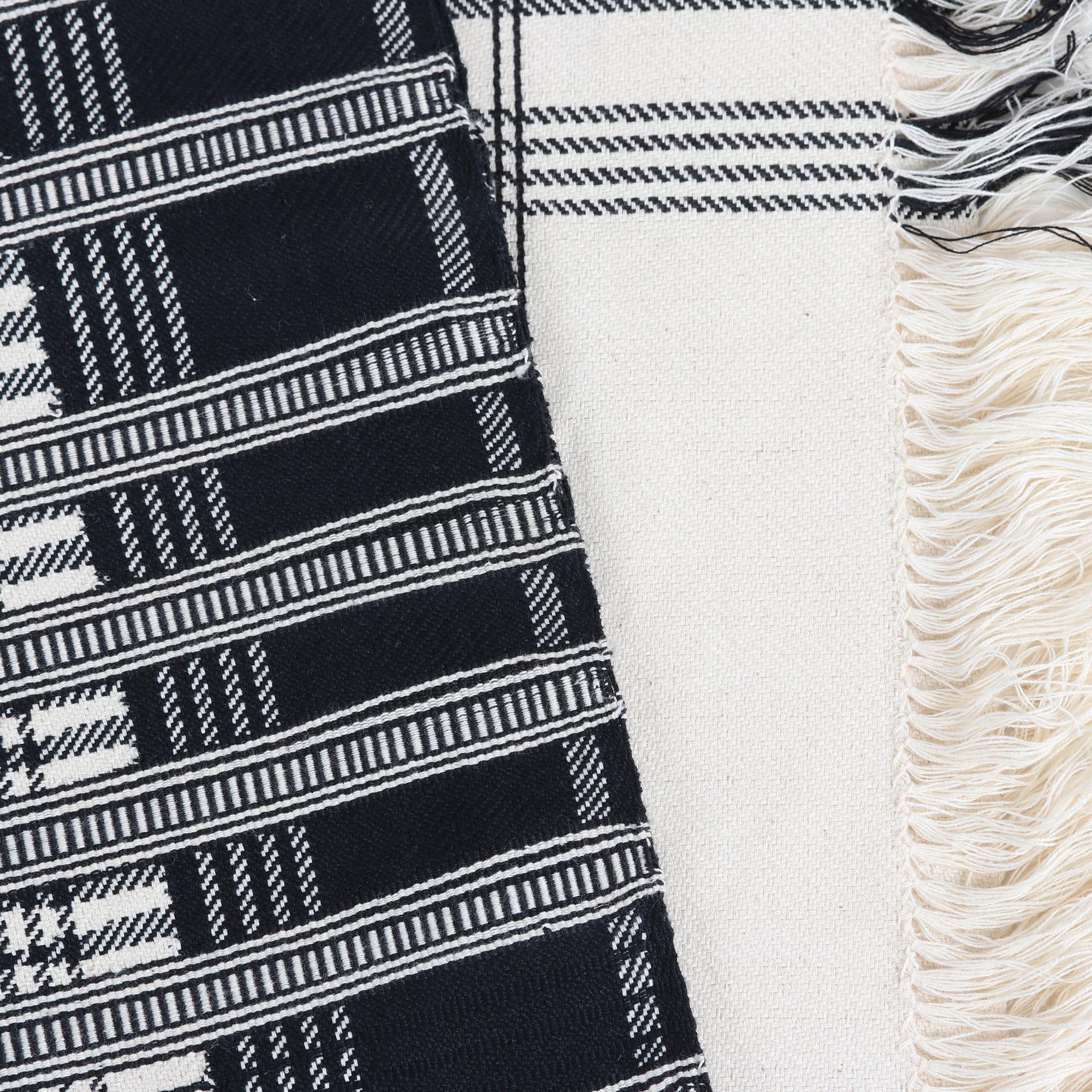 Handmade Cotton Geometric Striped Throw Blanket - Black, Alabaster & Ivory Woven Design (72