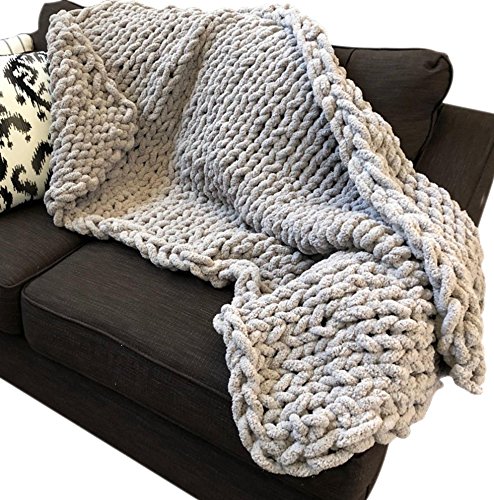 Light Grey Chenille Yarn Throw Blanket - Queen Size 79x79in Super Chunky Knit Blanket - Handmade Arm Knit Blanket for Wedding Shower Gift - Cozy Sofa & Bed Cover for Winter Nights
