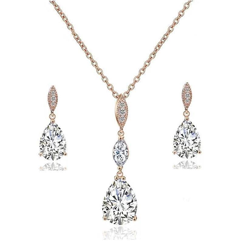 Rose Gold Crystal Bridal Jewelry Set - Elegant Wedding Necklace & Earrings for Bride, Bridesmaids, and Special Occasions | Perfect for Weddings, Anniversaries, and Formal Events