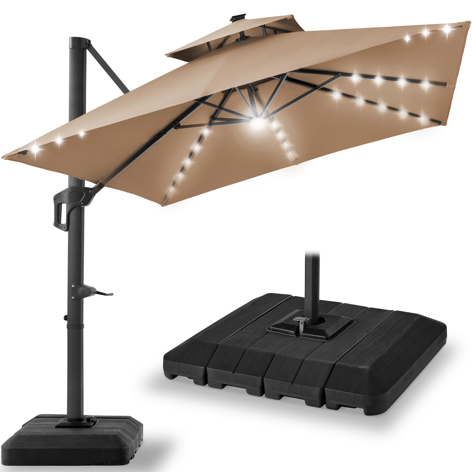 Best Choice Products 10x10ft Cantilever Patio Umbrella with Base - Solar LED Lights, 360° Rotation, Large Offset Outdoor Shade for Deck, Pool, Backyard - Tan - Perfect for Sun Protection & Outdoor Relaxation