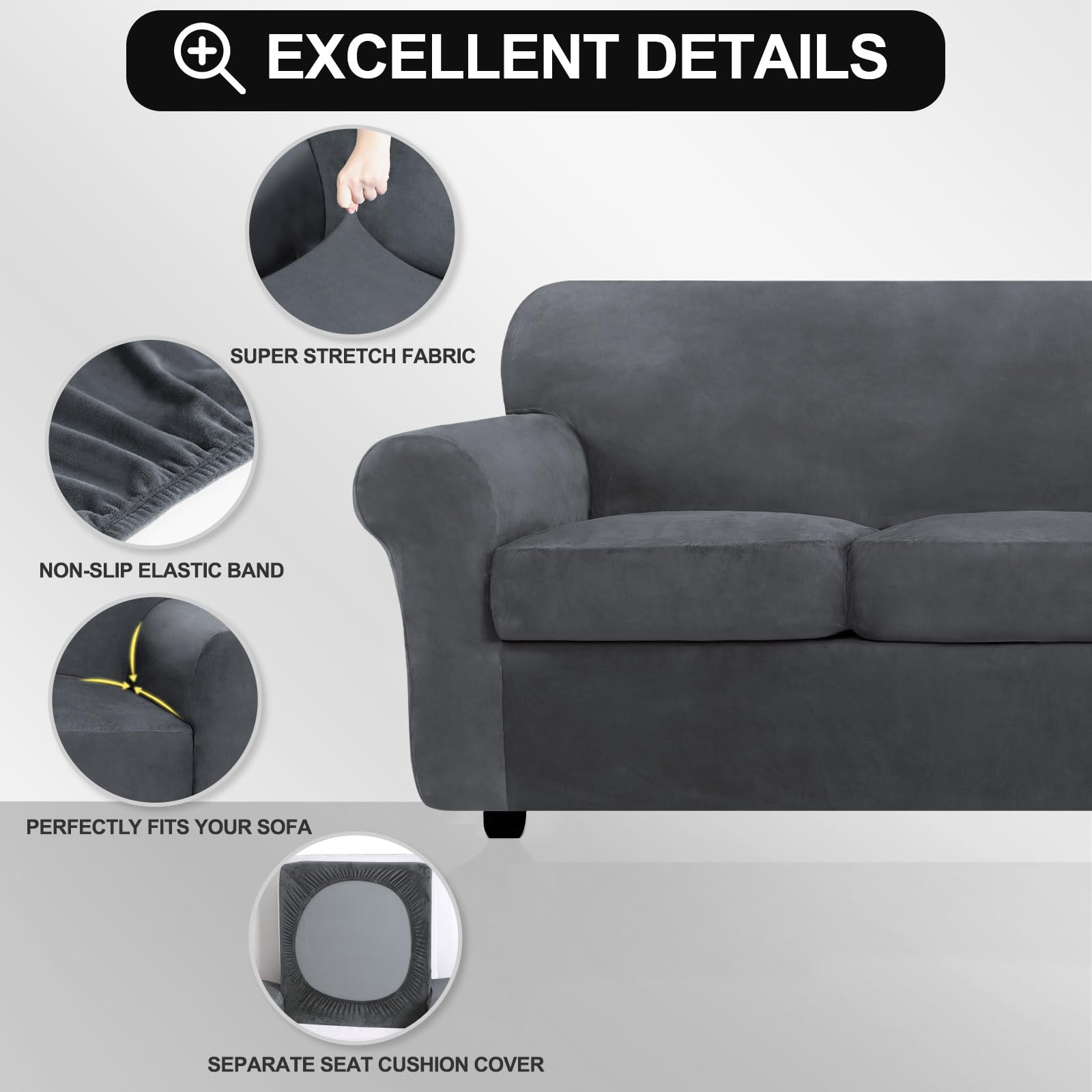 Premium Velvet Sofa Cover for 2-Cushion Couch - Stretchable 3-Piece Slipcover for Love Seat | Pet-Friendly Thick Furniture Protector in Grey | Perfect for Living Room, Apartment & Pet Owners