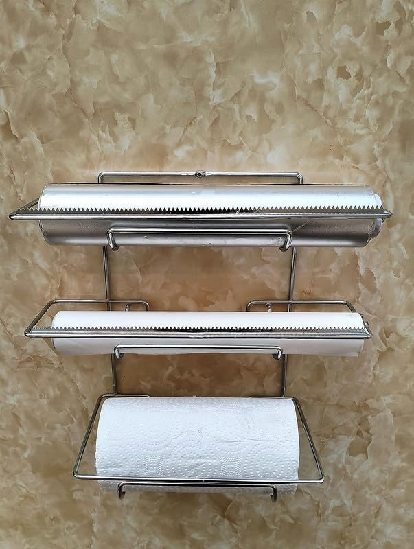 3-in-1 Wall Mount Paper Towel Holder & Plastic Wrap Dispenser - Chrome Finish | Space Saving Kitchen Organizer for Foil, Parchment & Wax Paper Rolls