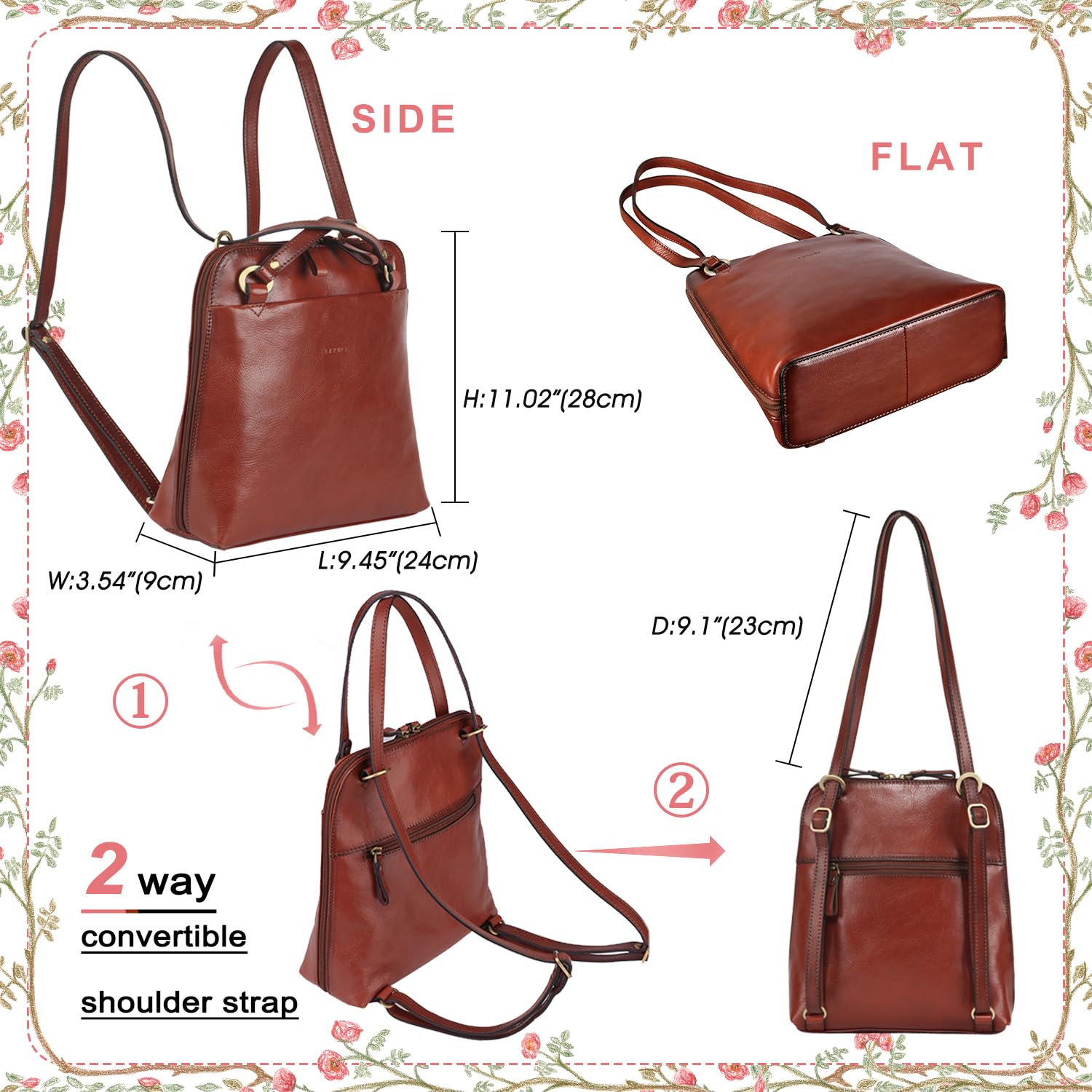 Premium Full Grain Italian Leather Convertible Backpack Purse for Women - Small Laptop Backpack Fits 9.7 Inch iPad (Brown) | Stylish Work Bag, Travel Essentials & Everyday Carry