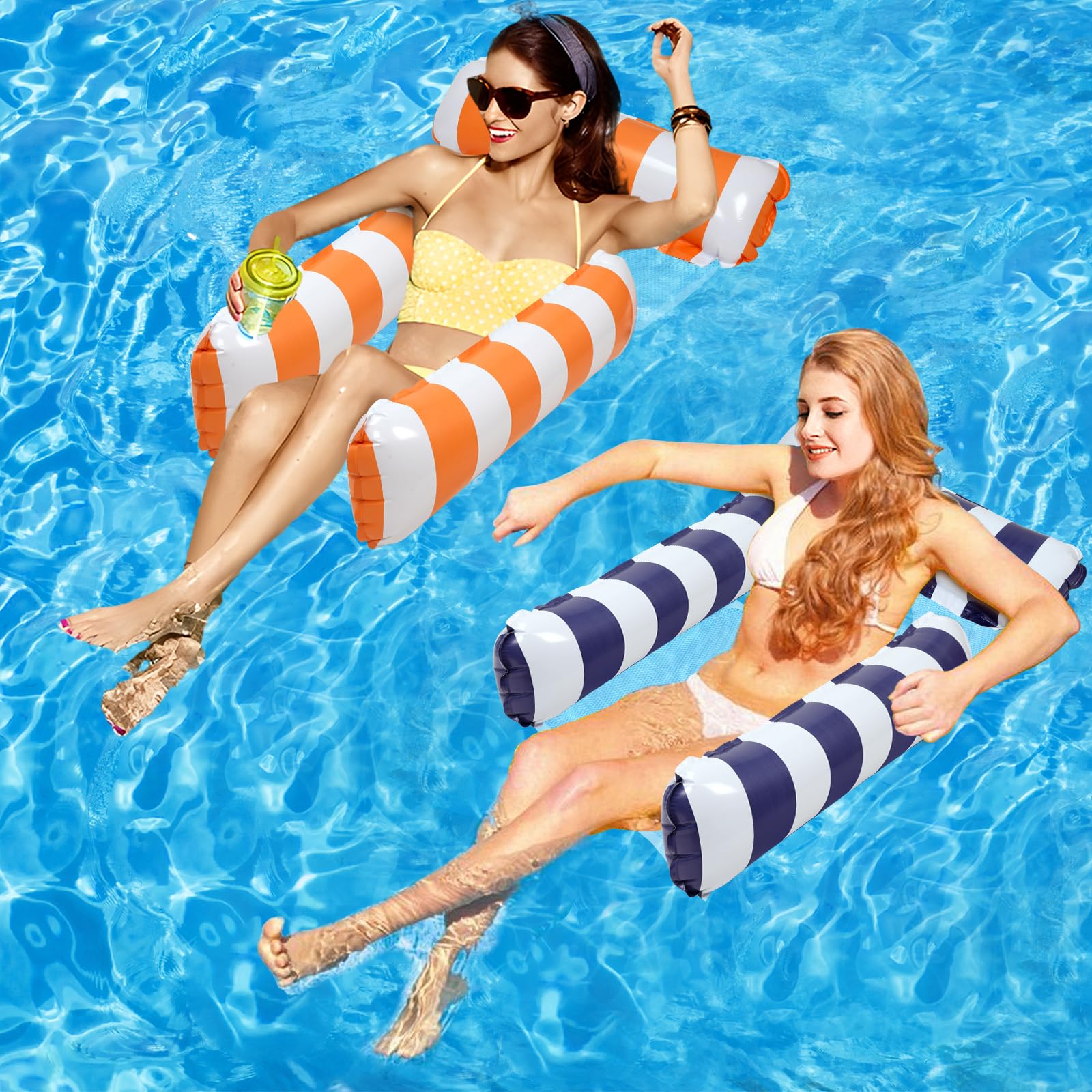 2 Pack Inflatable Pool Floats - 4-in-1 Pool Hammock with Bottom Mesh & 3 Tubes for Adults, Portable Floating Chair Bed for Travel, Swimming Pool, Hot Tub, Lake or Beach Relaxation