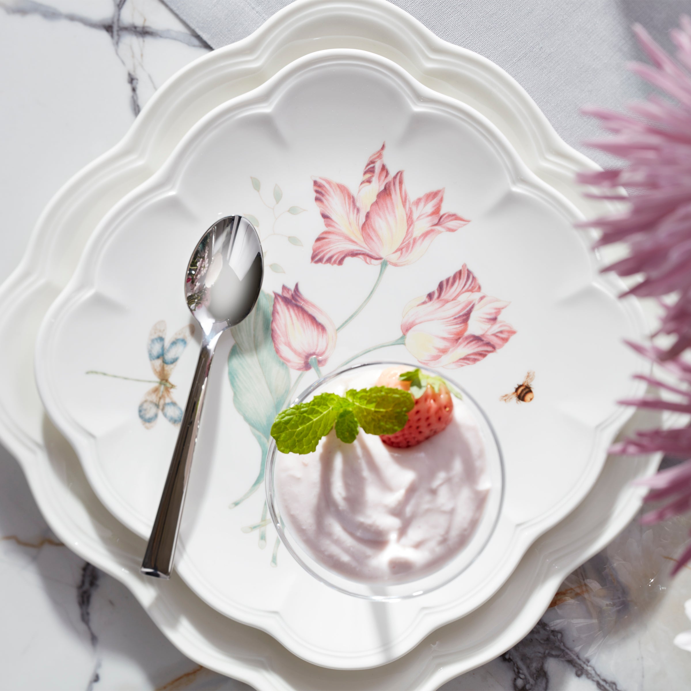 Butterfly Meadow Square Accent Plates - Set of 4 Decorative Dinner Plates for Spring Garden Party, Wedding, or Home Decor