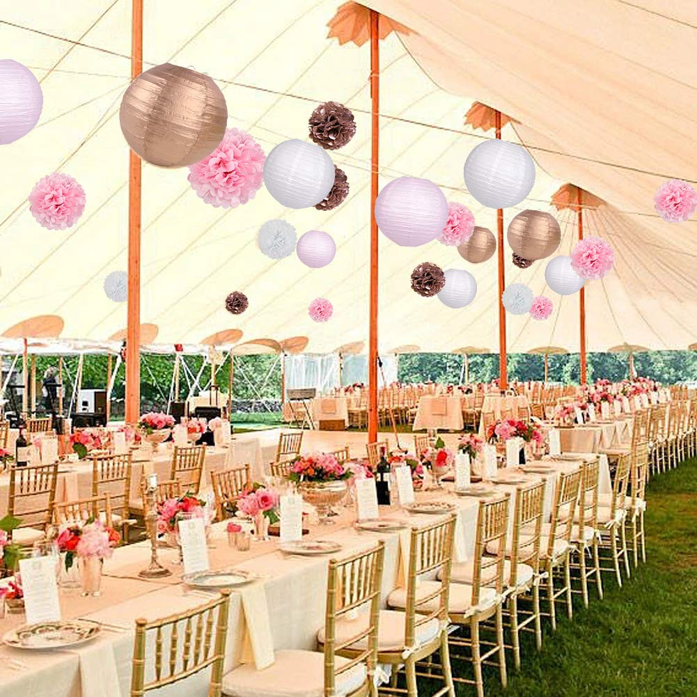 15PCS Rose Gold Party Decorations Set - Pink Rose Gold Paper Lanterns & Pom Poms Flowers for Birthday, Bridal Shower, Bachelorette Party | Perfect for Wedding, Baby Shower & Anniversary Decorations