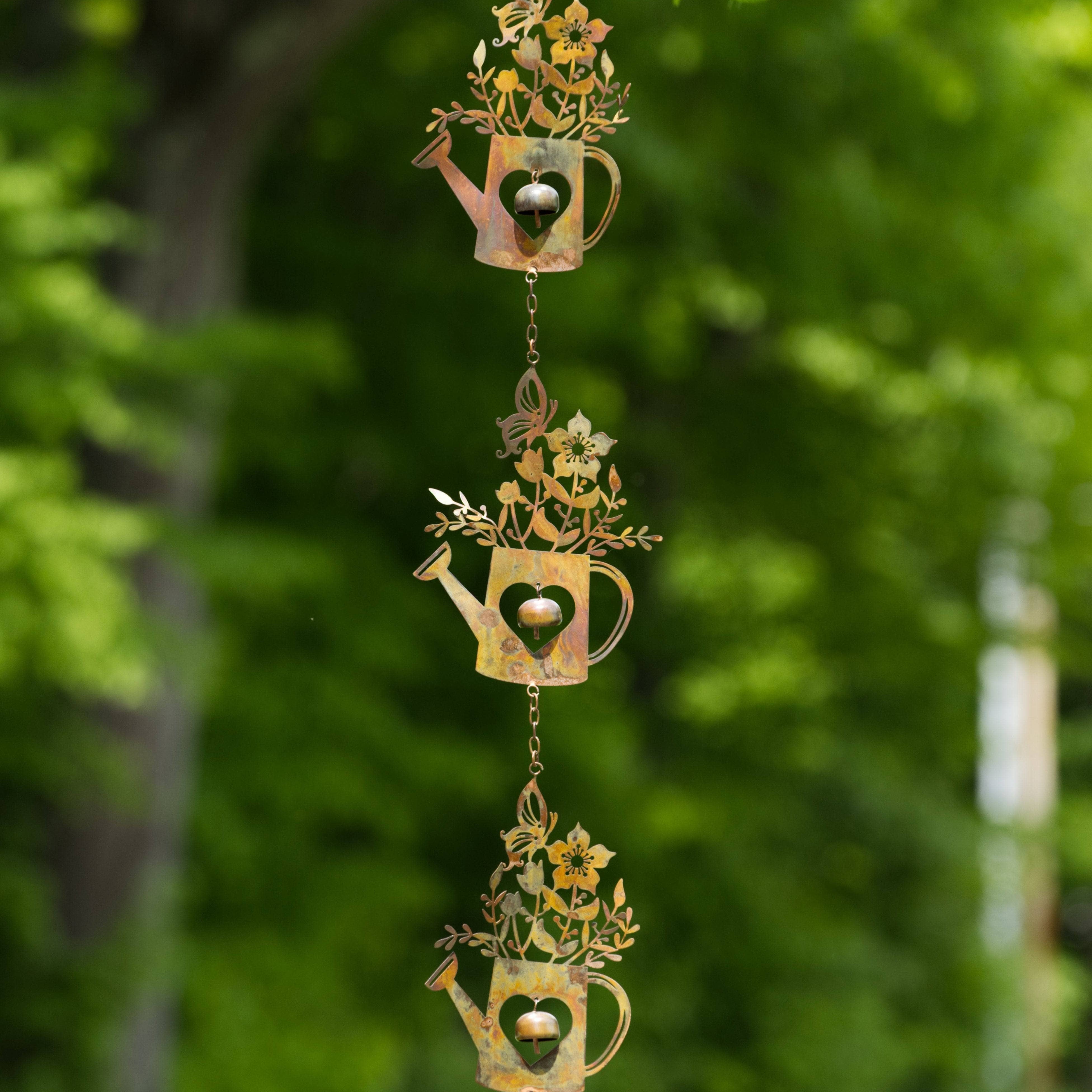 Triple Watering Can Flamed Hanging Ornament - Rustic Metal Garden Decor for Outdoor Patio, Balcony & Yard