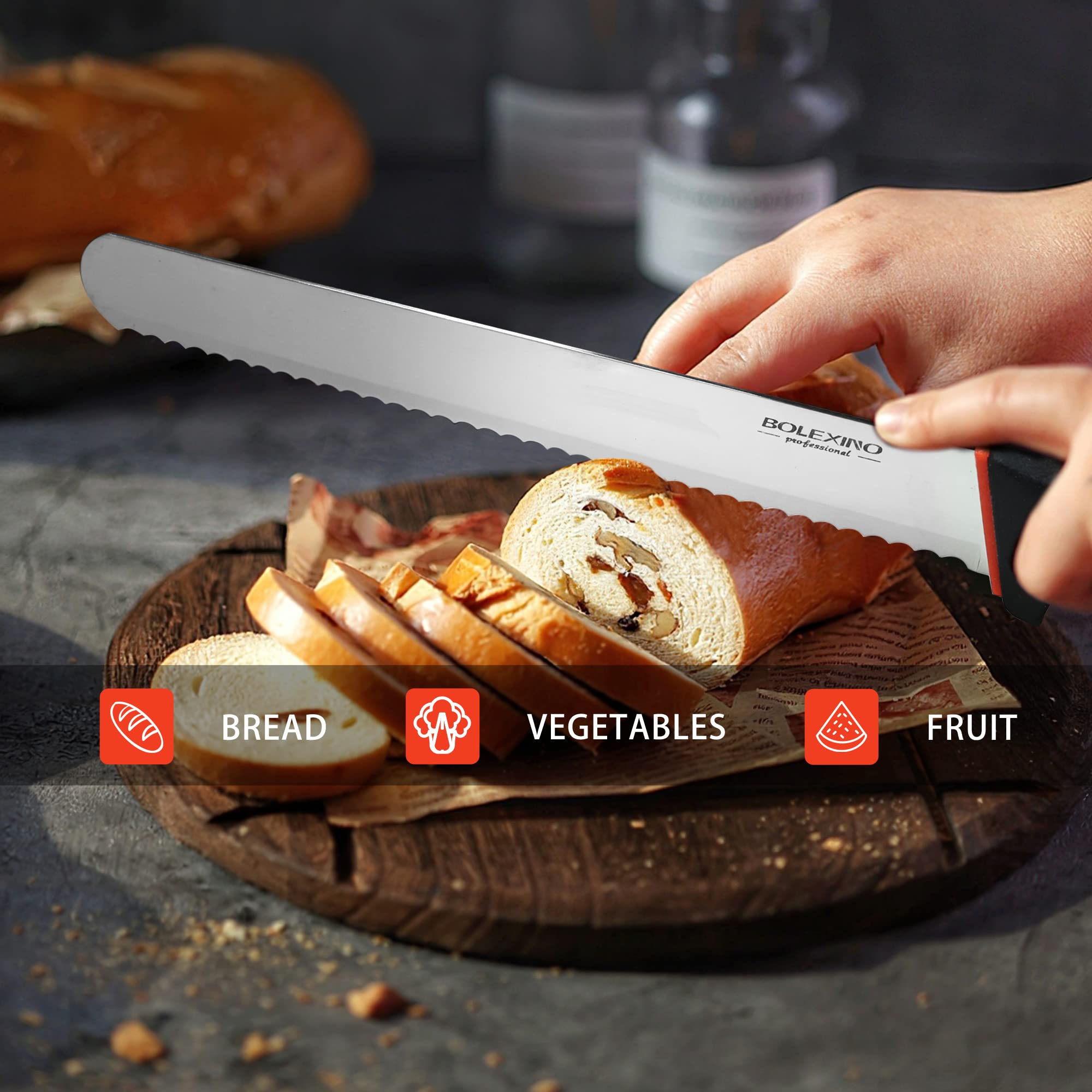 10 Inch Serrated Bread Knife with Sheath - Wavy Edge Professional Wide Blade for Homemade Bread, Crusty Loaves, Cakes & Bagels - 2.5MM Thickened High Carbon Stainless Steel - Perfect for Bakeries, Kitchens & Gift Giving