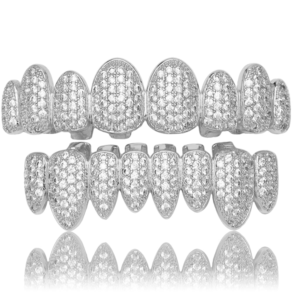 18K Gold Plated Hip Hop Grillz Set with CZ Diamonds - Customizable Teeth Grill for Men & Women - Perfect for Halloween, Parties & Rap Performances - Includes Extra Molding Bars & Iced Out Design
