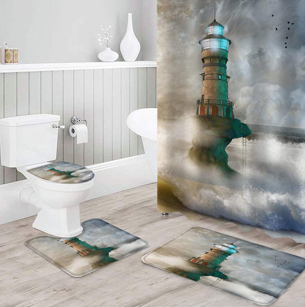 Non-Slip Lighthouse Ocean Waves Bath Rug Set - 4 Piece Bathroom Mat with Shower Curtain, Toilet Cover & Lid - Funny Coastal Decor for Bathroom Safety & Style - Perfect for Nautical Theme Bathrooms & Beach House Decor