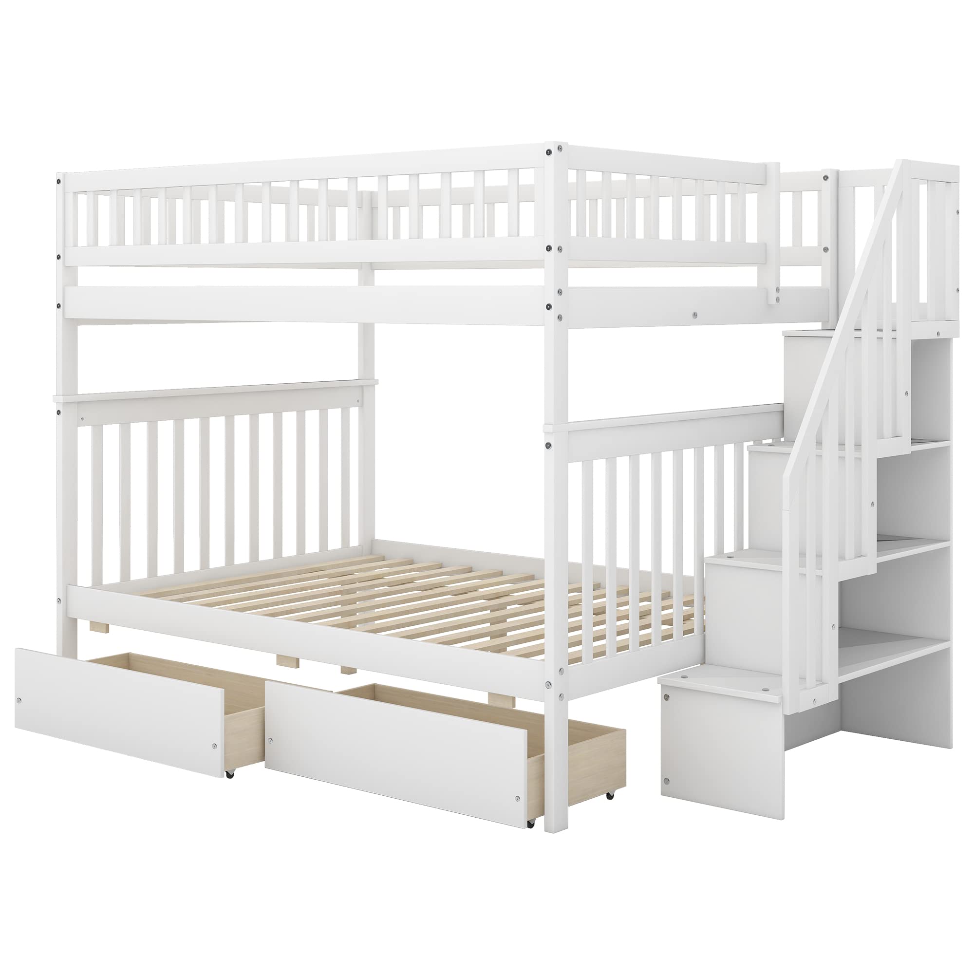 Harper & Bright Designs Full Over Full Bunk Bed with Stairs - Wooden Bunk Beds with 2 Drawers & Storage - Sturdy Twin Bunk Bed for Kids, Teens & Adults - White - Perfect for Small Rooms, Guest Rooms & Vacation Homes
