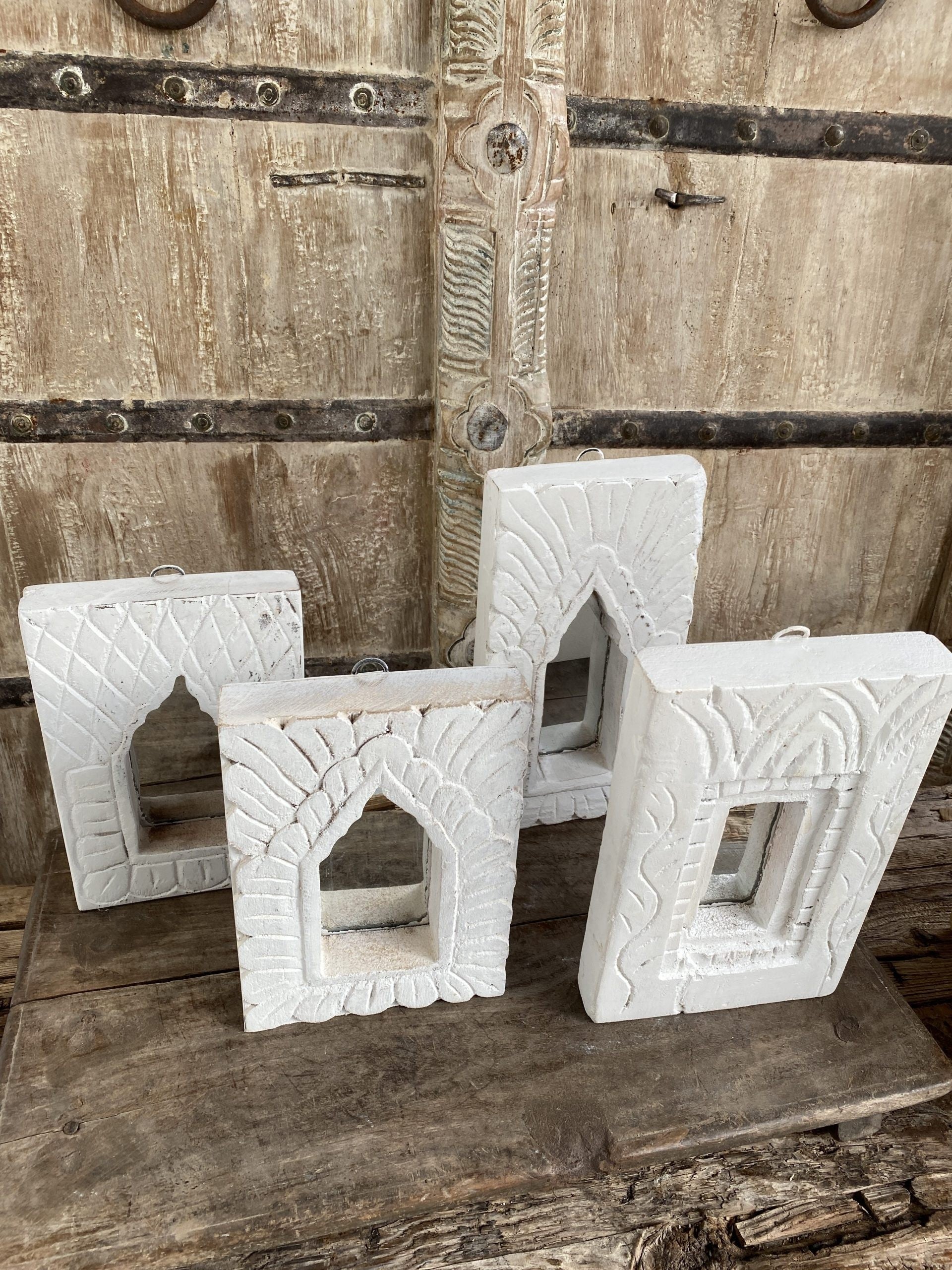 Hand Carved Indian Solid Wood Temple Mirror - 23cm Whitewashed Wall Decor for Boho, Farmhouse & Meditation Spaces - Perfect for Home, Office & Yoga Studio Décor