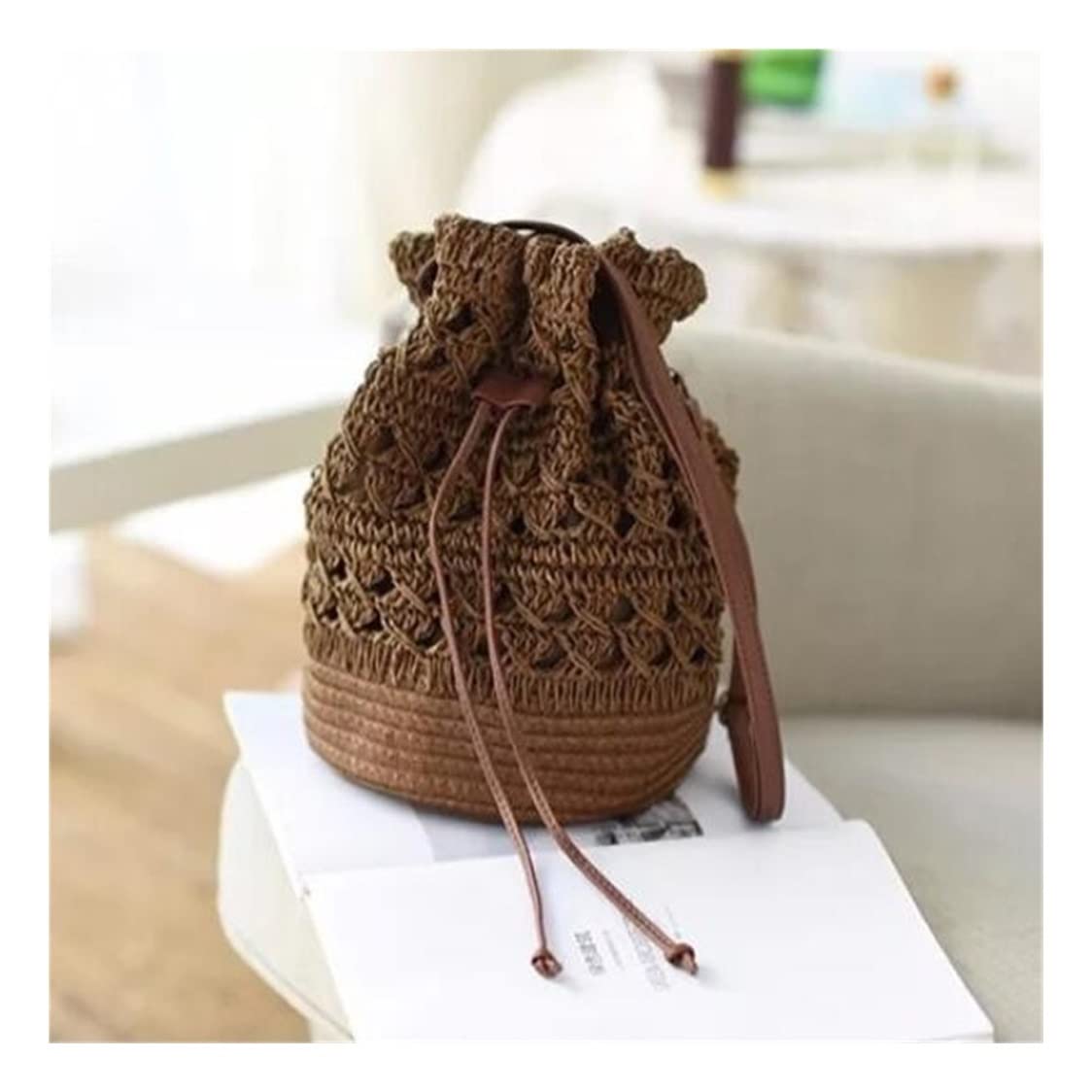 SLATIOM Crochet Hollow Bucket Crossbody Bag - Summer Straw Drawstring Shoulder Bag for Women - Casual Boho Handbag for Travel, Beach & Daily Use (One Size, Color A)