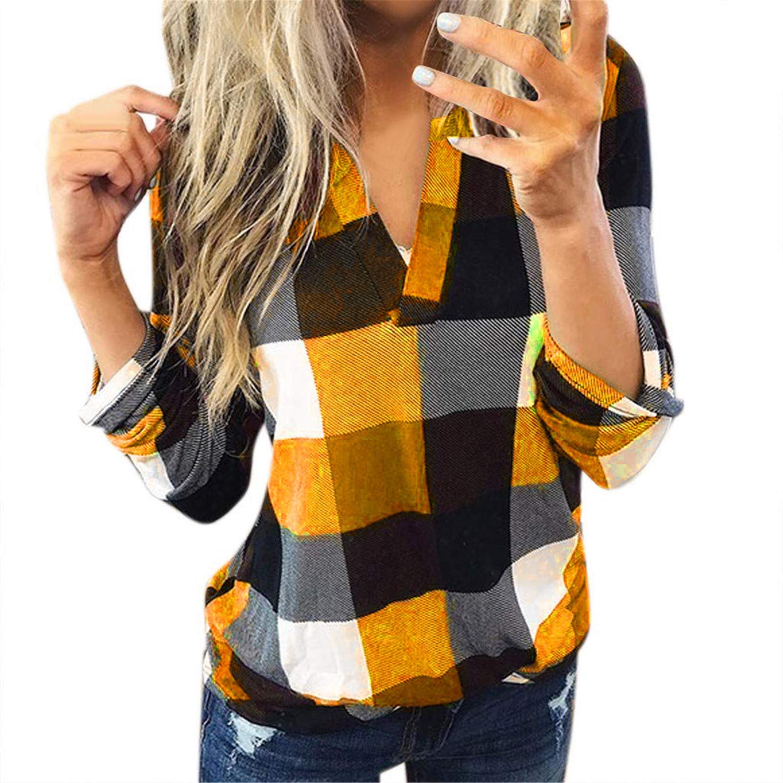 Women's Long Sleeve Plaid Shirt - Casual Cotton Button Down Top with V-Neck for Fall & Winter | Perfect for Office, Date Night and Outdoor Activities