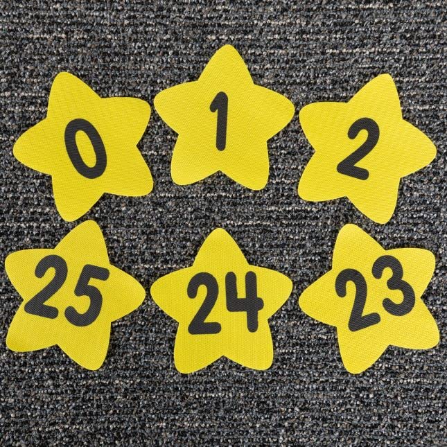 Really Good Stuff Carpet Mark-Its Move and Groove! Numbers 1-25 Task Cards Kit - 26 Carpet Spots & 20 Activity Cards for Classroom Math Games and Movement Learning