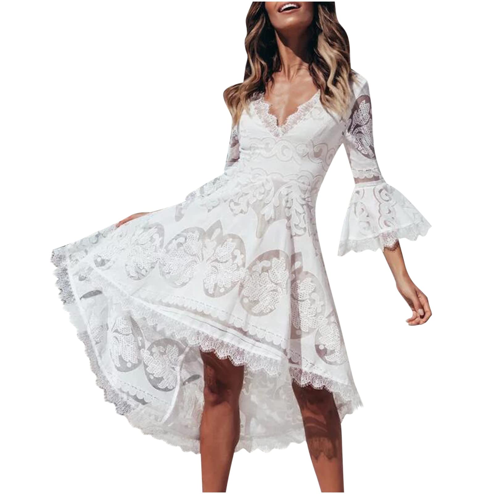 Elegant V-Neck Flare Sleeve Lace Wedding Guest Dress with Embroidery - High Waist Flowy Midi Dress for Bridal Shower, Garden Party & Formal Occasions