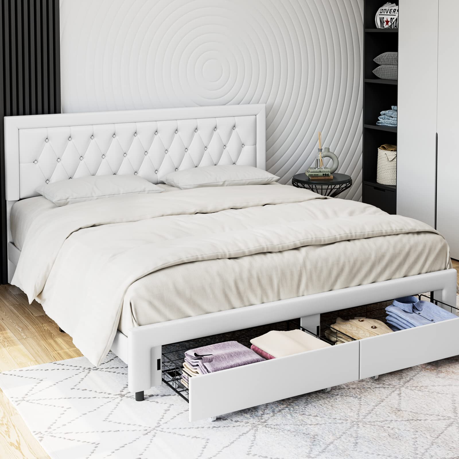 Full Size Bed Frame with 2 Storage Drawers - Leather Upholstered Platform Bed with Button Tufted Headboard, Wooden Slats & Adjustable Mattress Foundation (No Box Spring Needed) - White - Perfect for Small Bedrooms, Guest Rooms & Modern Apartments