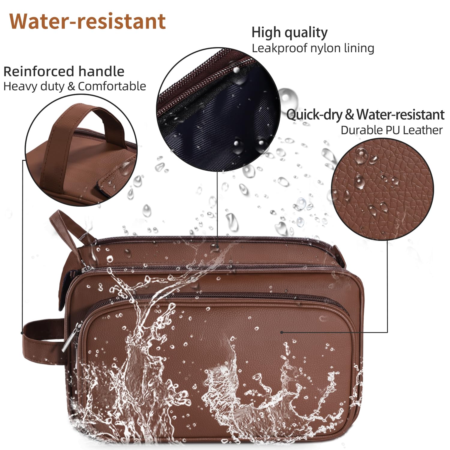 Buruis Extra Large Waterproof Travel Toiletry Bag for Men - PU Leather Dopp Kit Organizer with Multiple Pockets for Shaving, Grooming & Cosmetic Accessories (Brown) - Perfect for Business Trips, Gym, Camping & Vacation Essentials