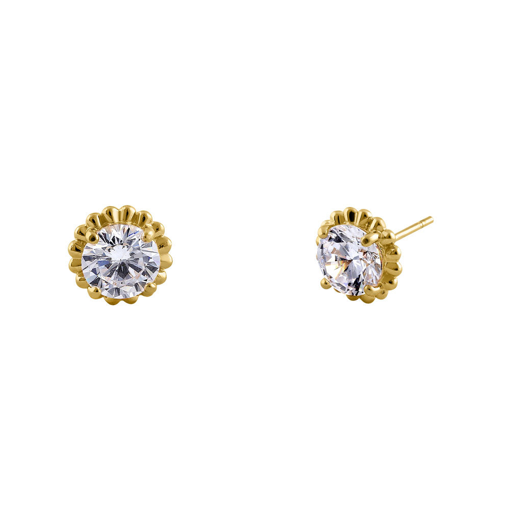 14K Solid Yellow Gold Victorian Style Round Cubic Zirconia Stud Earrings for Women | Elegant Gift for Anniversary, Wedding, Party & Special Occasions