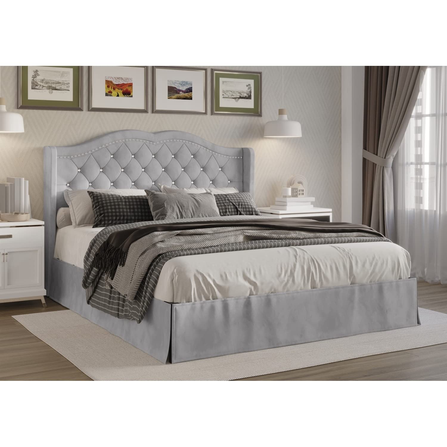 Overstock Bruce Tufted Upholstered Platform Bed Frame - King Size, Silver Grey | Modern Bedroom Furniture for Master Suite & Guest Room