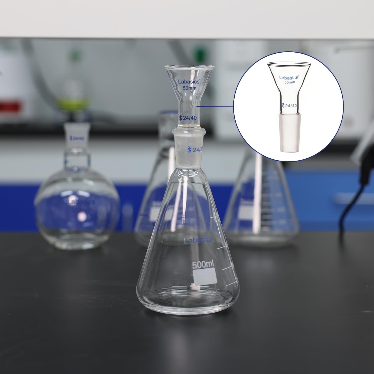 Labasics Glass Short Stem Powder Funnel - 50mm Top Outer Diameter with 24/40 Inner Joint - Premium Filter Funnel for Chemistry Labs, Essential Oil Blending & DIY Cosmetic Making