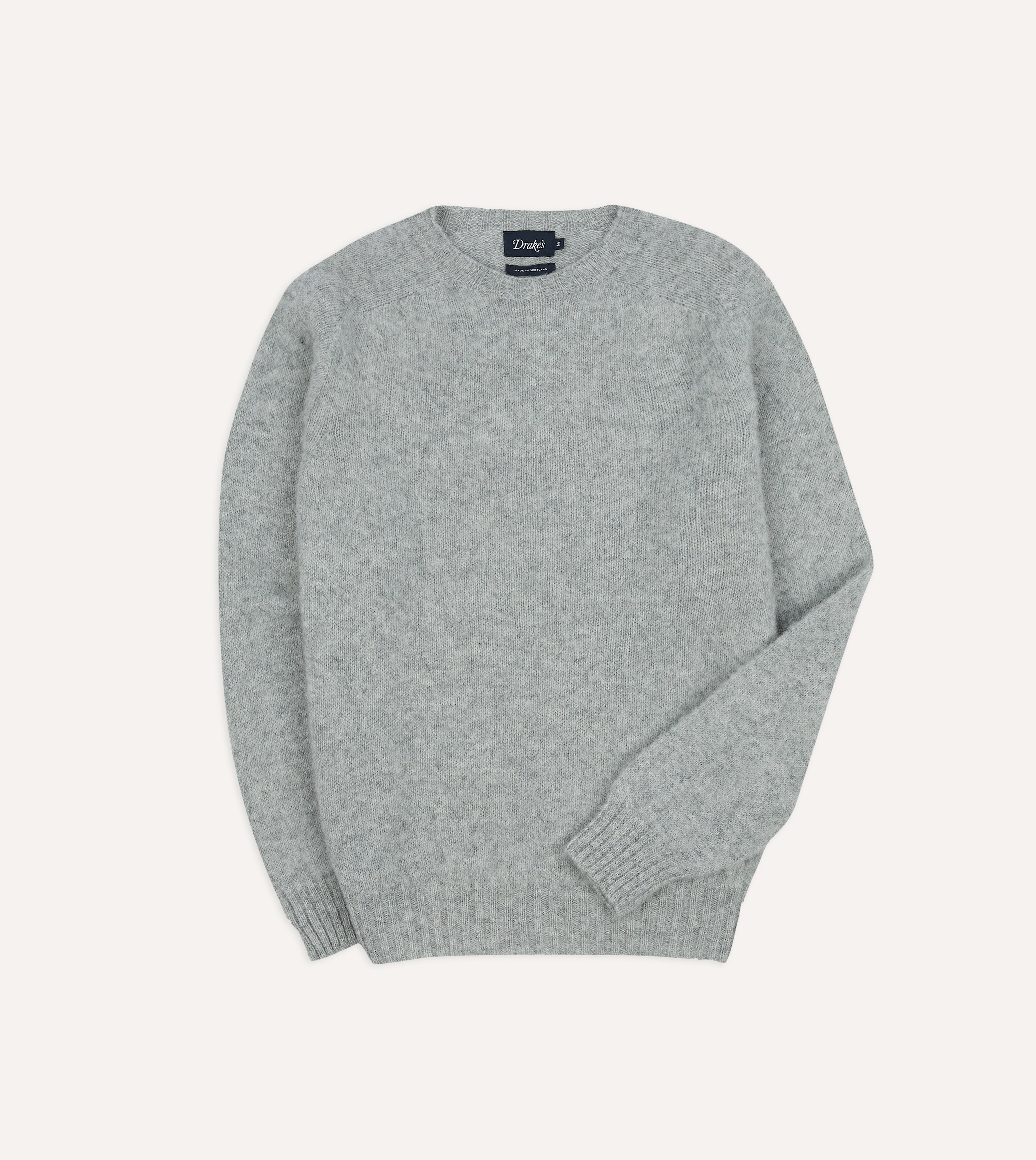 Light Grey Brushed Shetland Wool Crew Neck Sweater for Men - Soft Winter Knit Pullover for Casual Wear & Office Outfits
