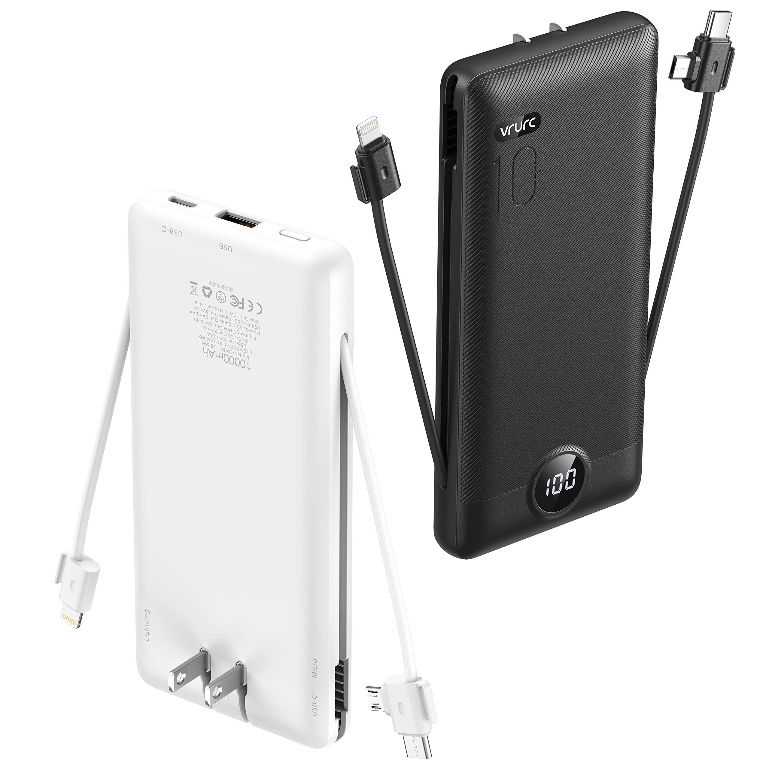 VRURC 10000mAh Ultra Slim Portable Charger with Built-in USB C Cable & Wall Plug - Fast Charging Power Bank for iPhone, Android, Tablets | Perfect for Travel, Camping & Emergency Power Backup