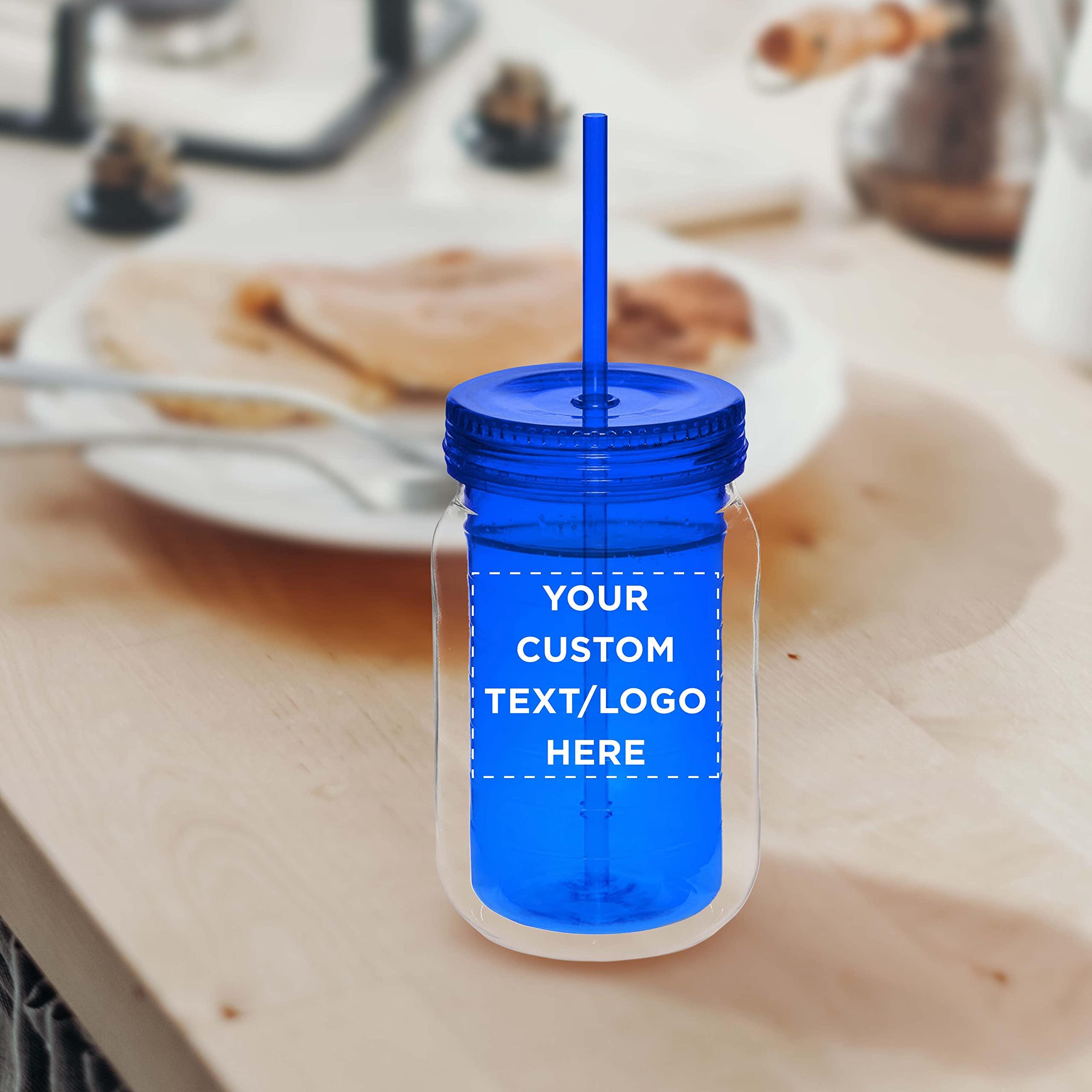 Custom 18 oz Acrylic Tumblers with Straw - Bulk Pack of 50 Personalized Drink Cups - Great for Smoothies, Iced Coffee, Soda & Beverages - Reusable Party Cups for Restaurants, Cafes, Events & Home Use - Blue