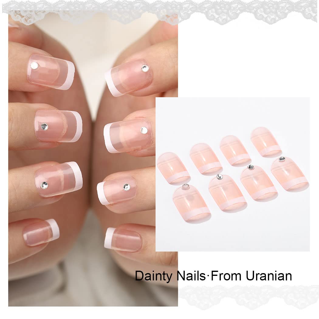 Uranian French Press on Nails - White Short Square Fake Nails with Rhinestones, Transparent Glossy Acrylic Full Cover False Nails for Women & Girls (24pcs) - Perfect for Parties, Weddings, and Special Occasions