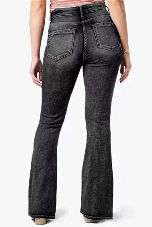 Vintage High Waist Flared Jeans with Side Button Pockets - Retro 70s Style Denim Pants for Women, Perfect for Casual Outings & Boho Fashion Looks