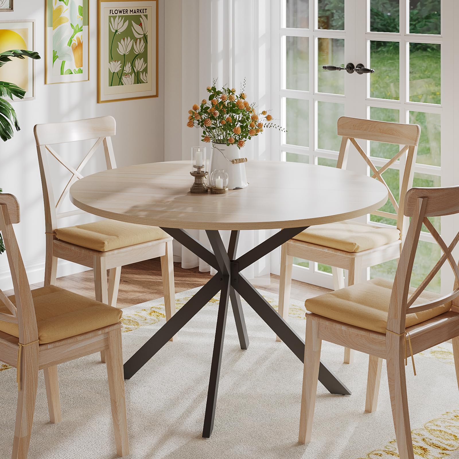 ChooChoo 47.2 Inch Round Wood Dining Table for 4, Natural Kitchen Table, Perfect for Home Kitchen, Dining Room, and Small Space Gatherings