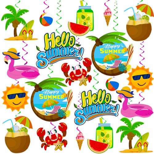40 Pcs Summer Party Decorations - No-DIY Hanging Streamers & Glitter Foil Ceiling Swirls for Summer Parties, Beach Events, and Outdoor Celebrations