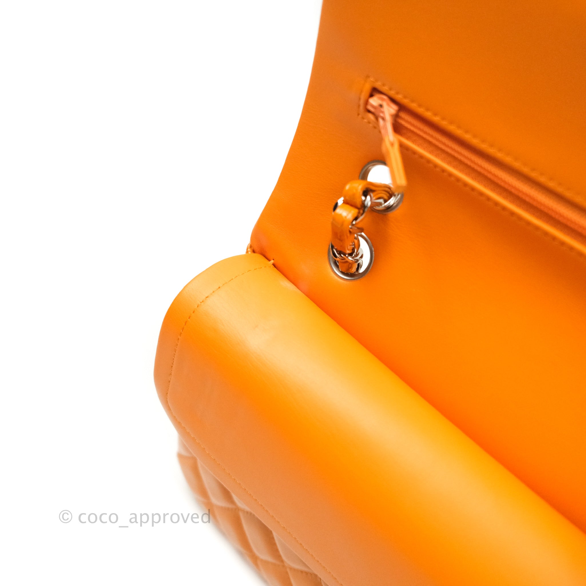 Chanel Classic M/L Medium Double Flap Bag in Orange Patent Leather with Silver Hardware - Perfect for Evening Events & Luxury Fashion Accessories