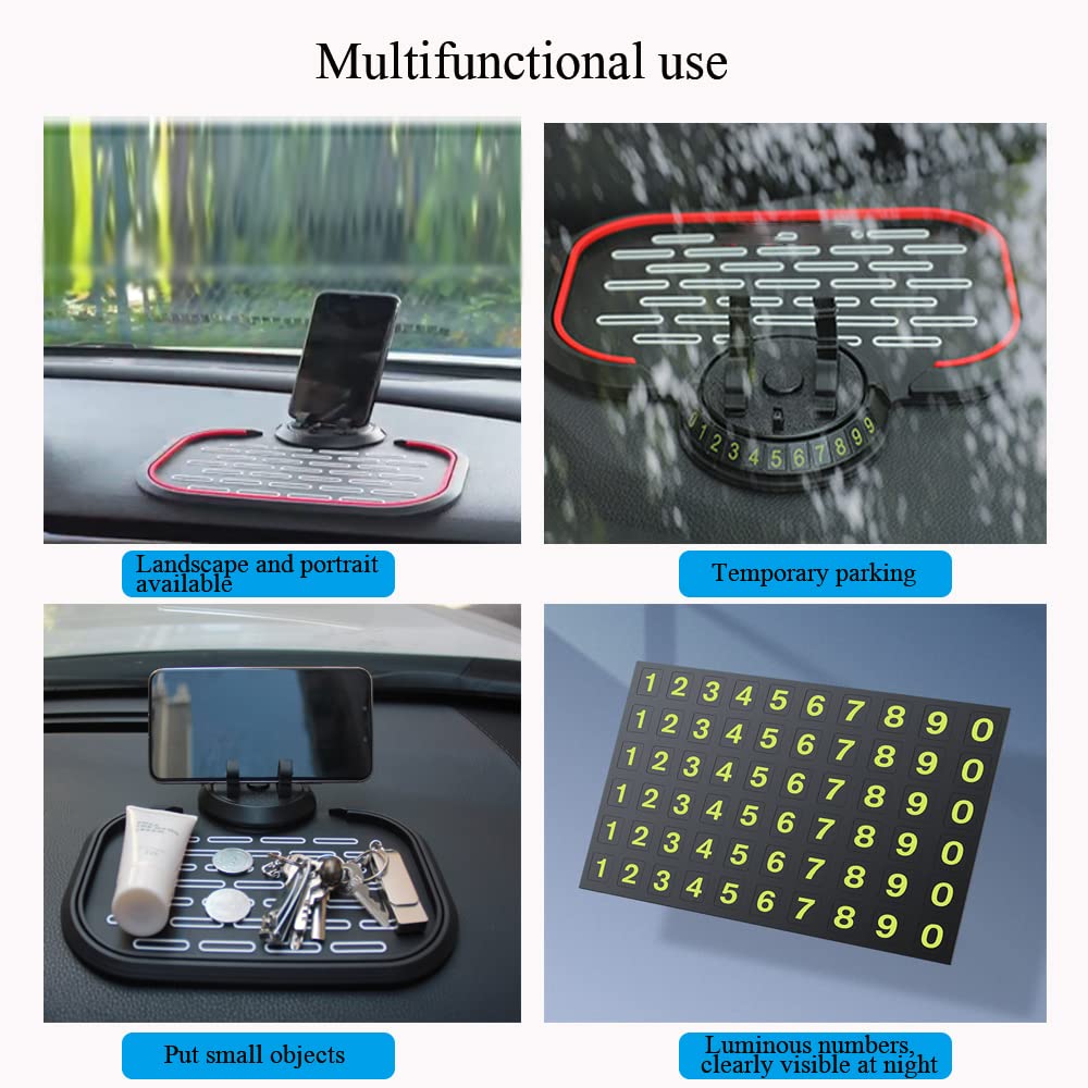Universal 360° Rotating Non-Slip Car Dashboard Phone Holder - Anti-Shake Phone Mat for Smartphones, GPS, Sunglasses & Keys with Parking Number Display | Perfect for Road Trips, Commuting & Hands-Free Driving